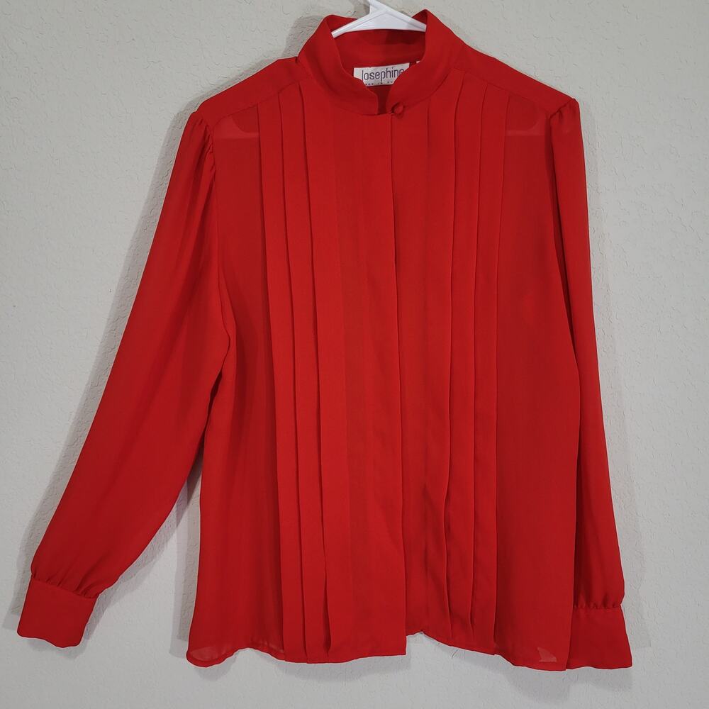 Vintage Blouse Josephine Womens Large Red Pleated Button Up Long Sleeve Office